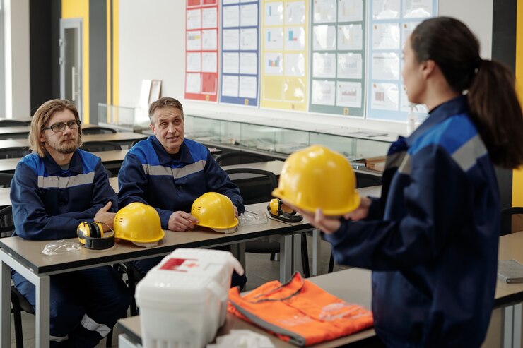 female-instructor-holding-hardhat-explaining-occupational-safety-rules-workers-sitting-table_274679-22489